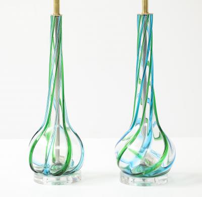Vintage Pair of Mid Century Murano Glass Aqua Ribbon Lamps on Lucite Bases 