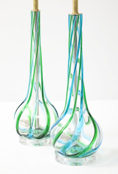 Vintage Pair of Mid Century Murano Glass Aqua Ribbon Lamps on Lucite Bases 