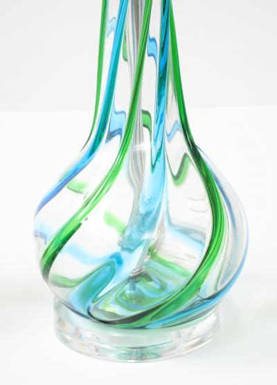 Vintage Pair of Mid Century Murano Glass Aqua Ribbon Lamps on Lucite Bases 