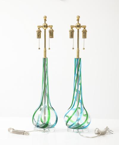 Vintage Pair of Mid Century Murano Glass Aqua Ribbon Lamps on Lucite Bases 