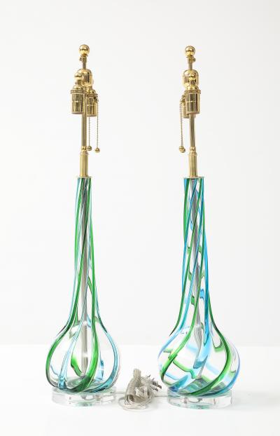 Vintage Pair of Mid Century Murano Glass Aqua Ribbon Lamps on Lucite Bases 