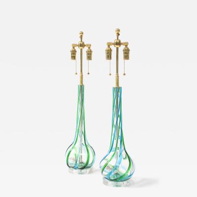 Vintage Pair of Mid Century Murano Glass Aqua Ribbon Lamps on Lucite Bases 