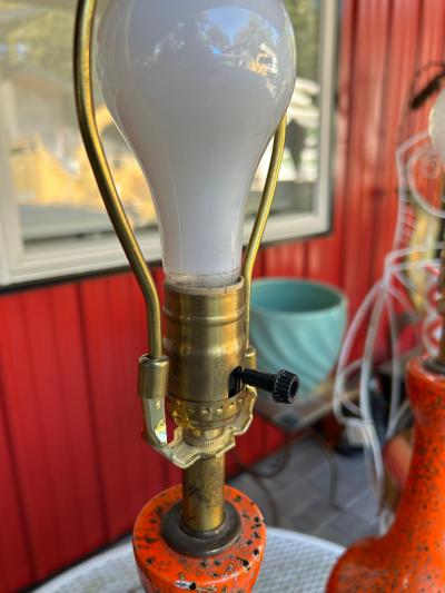 Vintage Pair of Orange Textured Ceramic Table Lamps Mid Century Modern