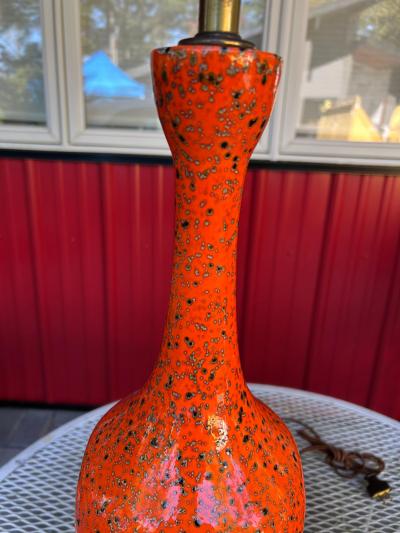 Vintage Pair of Orange Textured Ceramic Table Lamps Mid Century Modern