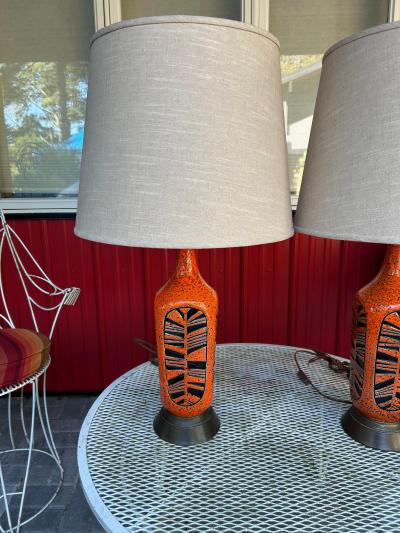 Vintage Pair of Orange Textured Ceramic Table Lamps Mid Century Modern