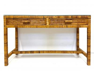 Vintage Palm Beach Regency Coastal Console Desk in Split Rattan Glass Top