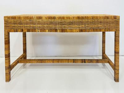 Vintage Palm Beach Regency Coastal Console Desk in Split Rattan Glass Top