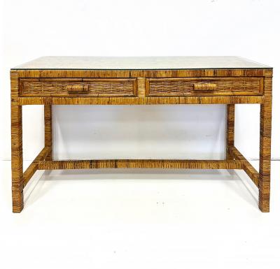 Vintage Palm Beach Regency Coastal Console Desk in Split Rattan Glass Top