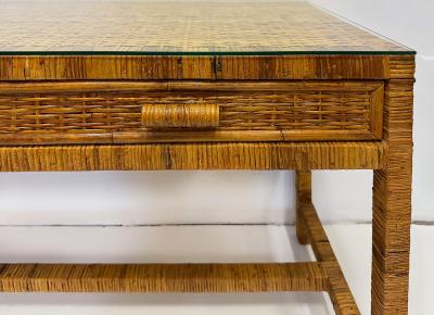 Vintage Palm Beach Regency Coastal Console Desk in Split Rattan Glass Top