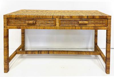 Vintage Palm Beach Regency Coastal Console Desk in Split Rattan Glass Top