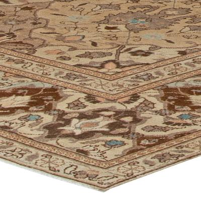 Vintage Persian Tabriz Brown Handwoven Wool Carpet
