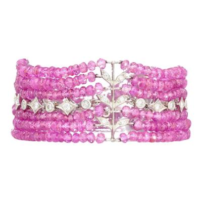 Vintage Platinum Diamond Pink Sapphire Bead Bracelet