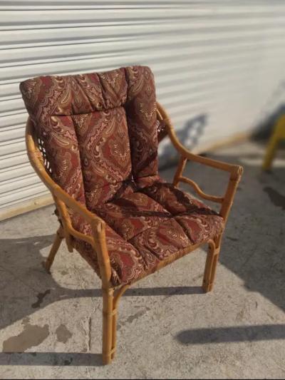 Vintage Rattan and Bamboo Boho Chic Armchair with Cushion