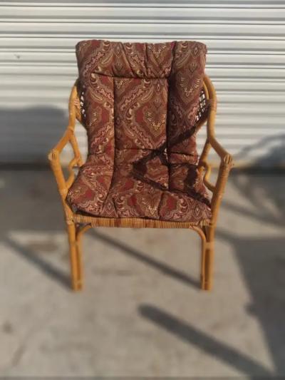 Vintage Rattan and Bamboo Boho Chic Armchair with Cushion