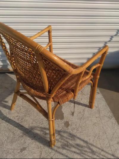 Vintage Rattan and Bamboo Boho Chic Armchair with Cushion