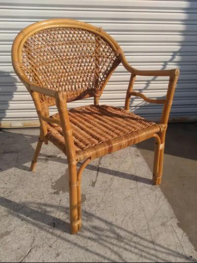Vintage Rattan and Bamboo Boho Chic Armchair with Cushion