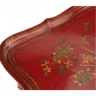 Vintage Red Chinoiserie Tray Top Faux Bamboo Coffee Cocktail Table