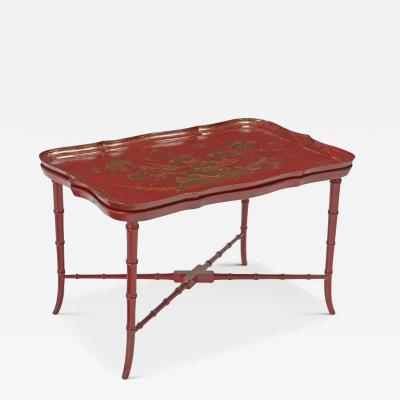 Vintage Red Chinoiserie Tray Top Faux Bamboo Coffee Cocktail Table