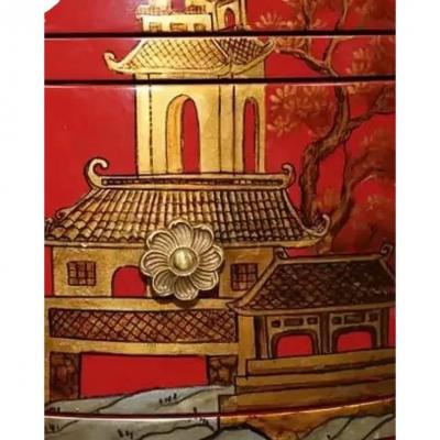 Vintage Red Gold Leather Top Kidney Shaped Chinoiserie Painted Desk