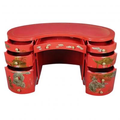 Vintage Red Gold Leather Top Kidney Shaped Chinoiserie Painted Desk