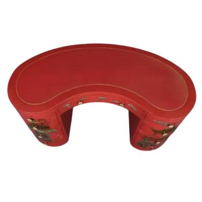 Vintage Red Gold Leather Top Kidney Shaped Chinoiserie Painted Desk