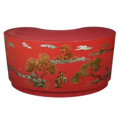 Vintage Red Gold Leather Top Kidney Shaped Chinoiserie Painted Desk