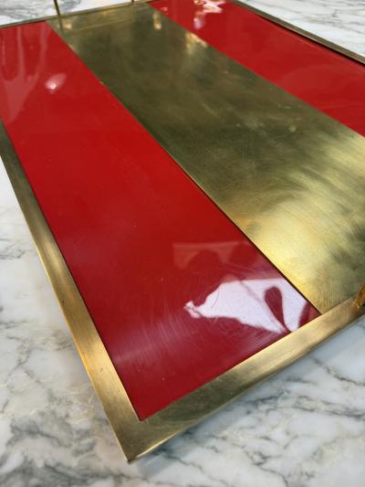 Vintage Red Lacquer Brass Serving Tray with Handle