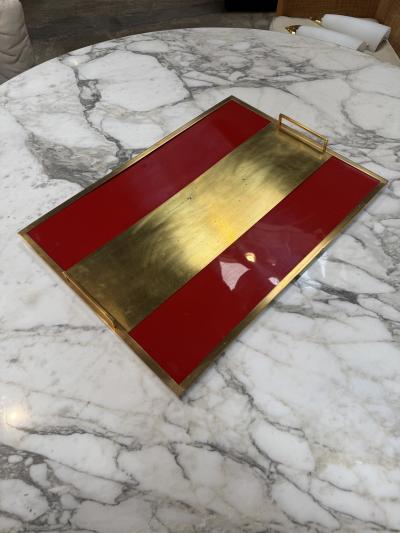 Vintage Red Lacquer Brass Serving Tray with Handle