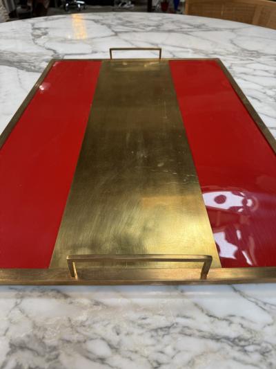 Vintage Red Lacquer Brass Serving Tray with Handle