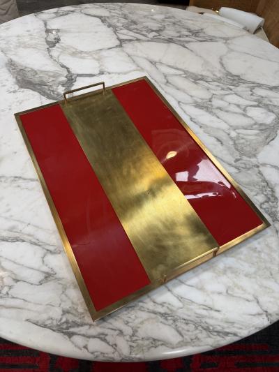 Vintage Red Lacquer Brass Serving Tray with Handle