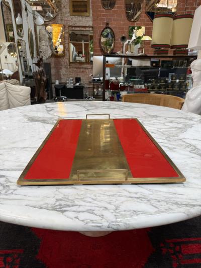 Vintage Red Lacquer Brass Serving Tray with Handle
