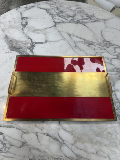 Vintage Red Lacquer Brass Serving Tray with Handle