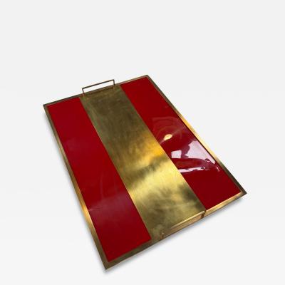 Vintage Red Lacquer Brass Serving Tray with Handle
