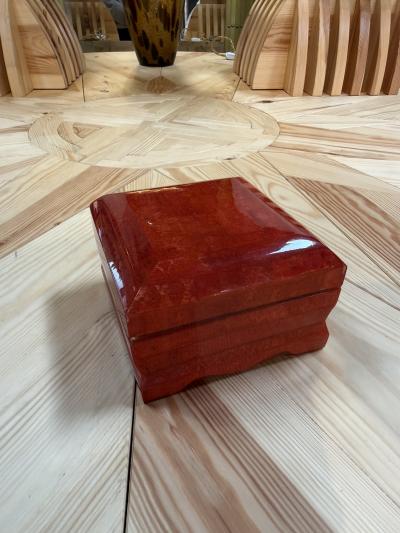 Vintage Red Lacquer Decorative Box with Scalloped Footed Base