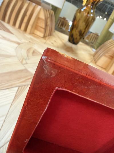 Vintage Red Lacquer Decorative Box with Scalloped Footed Base