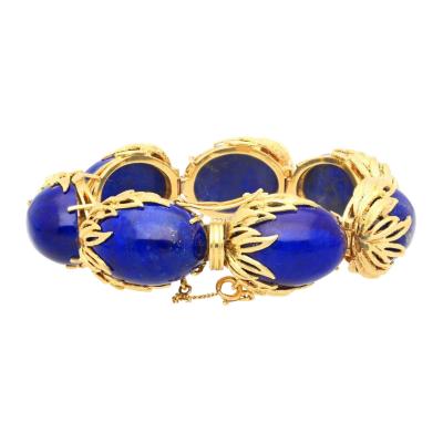 Vintage Retro Era 2 50 CTTW Blue Lapis Lazuli Bracelet in Floral 18K Yellow Gold