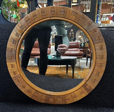 Vintage Round Bamboo Mirror Italy 1980s