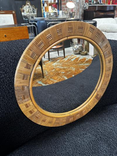 Vintage Round Bamboo Mirror Italy 1980s