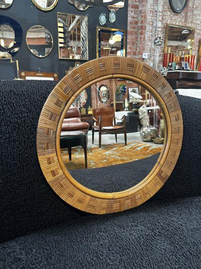 Vintage Round Bamboo Mirror Italy 1980s