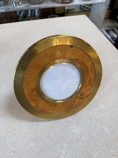Vintage Round Brass Burl Wood Picture Frame