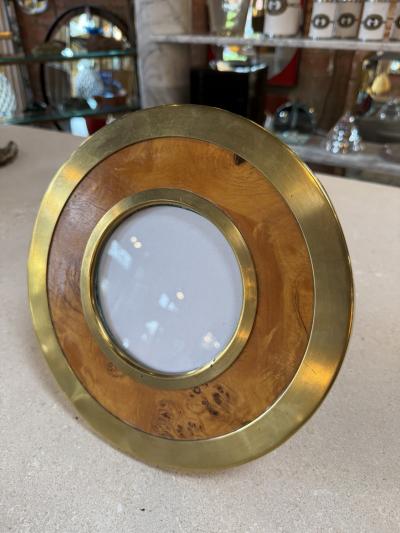 Vintage Round Brass Burl Wood Picture Frame
