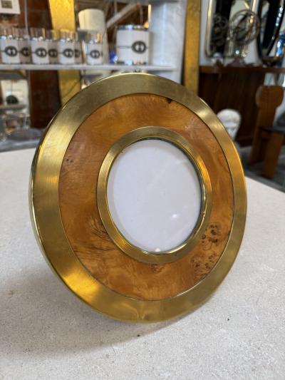 Vintage Round Brass Burl Wood Picture Frame