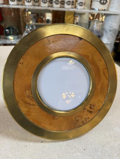 Vintage Round Brass Burl Wood Picture Frame