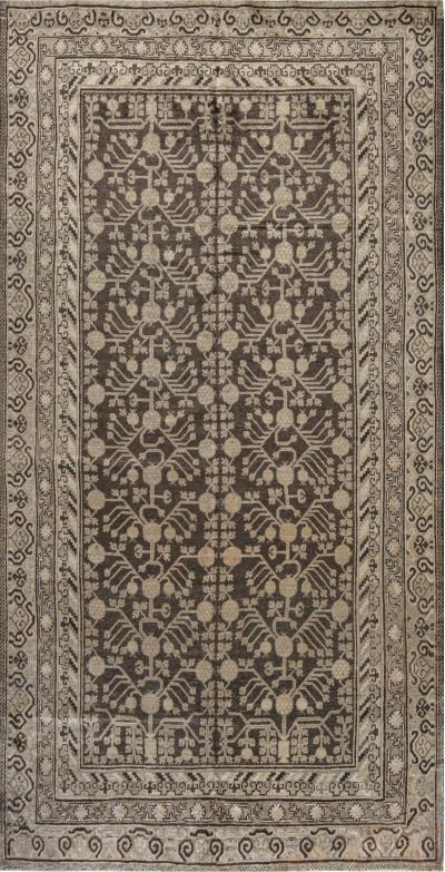 Vintage Samarkand Khotan Botanic Handmade Wool Rug in Brown and Beige