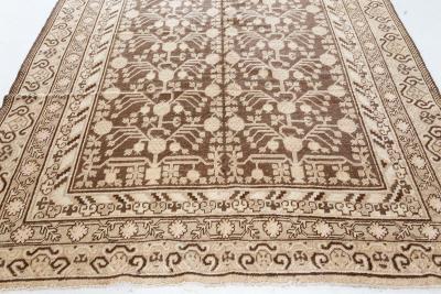 Vintage Samarkand Khotan Botanic Handmade Wool Rug in Brown and Beige