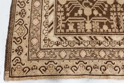 Vintage Samarkand Khotan Botanic Handmade Wool Rug in Brown and Beige