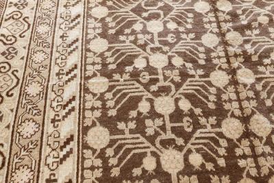 Vintage Samarkand Khotan Botanic Handmade Wool Rug in Brown and Beige