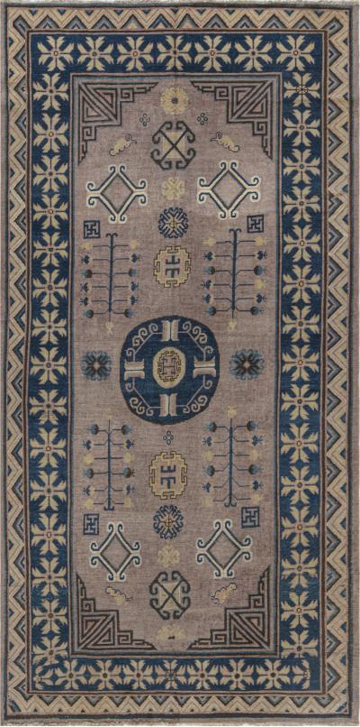 Vintage Samarkand Khotan Brown Blue Handmade Wool Rug