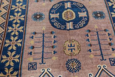 Vintage Samarkand Khotan Brown Blue Handmade Wool Rug