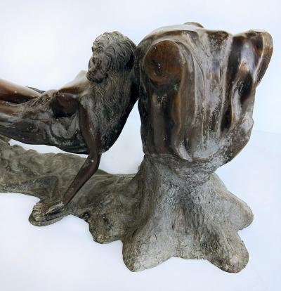 Vintage Sculptural Spelter Nude Coffee Table with Bronze Patina and Glass Top